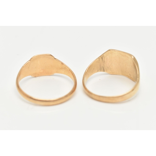 65 - TWO 9CT GOLD SIGNET RINGS, the first a square signet ring with rubbed engraved detail, hallmarked 9c... 