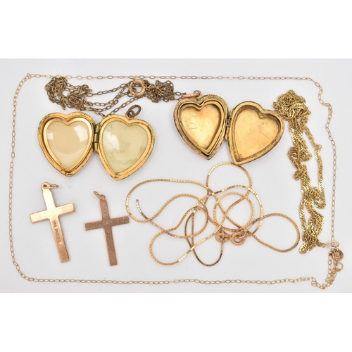 67 - AN ASSORTMENT OF 9CT AND YELLOW METAL JEWELLERY, to include a 9ct gold cross pendant, hallmarked 9ct... 