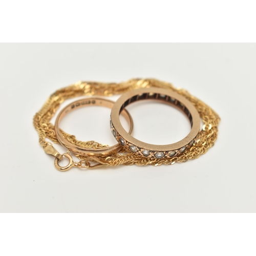 68 - A SMALL ASSORTMENT OF 9CT GOLD AND YELLOW METAL, to include a fine Singapore chain, fitted with a sp... 