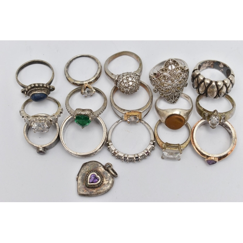 73 - AN ASSORTMENT OF SILVER AND WHITE METAL RINGS, to include two silver gem set rings, both hallmarked,... 