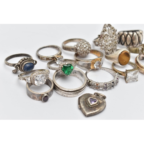 73 - AN ASSORTMENT OF SILVER AND WHITE METAL RINGS, to include two silver gem set rings, both hallmarked,... 