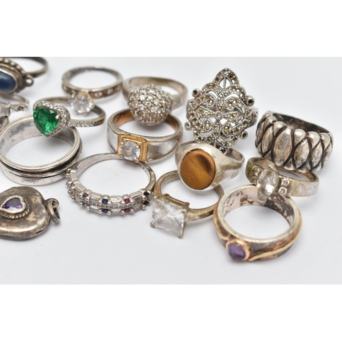 73 - AN ASSORTMENT OF SILVER AND WHITE METAL RINGS, to include two silver gem set rings, both hallmarked,... 