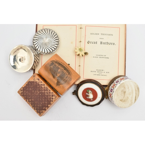 78 - A BAG OF ASSORTED ITEMS, to include a treen covered miniature book, a treen box, a ceramic pill box,... 