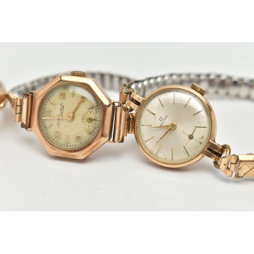 8 - THREE 9CT GOLD CASED, LADIES WRISTWATCHES, the first a manual wind 'Cyma' watch, polished case hallm... 