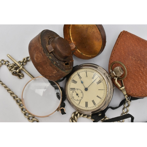 84 - A SMALL ASSORTMENT OF ITEMS, to include a cased monocle, a travel ink pot, together with an open fac... 