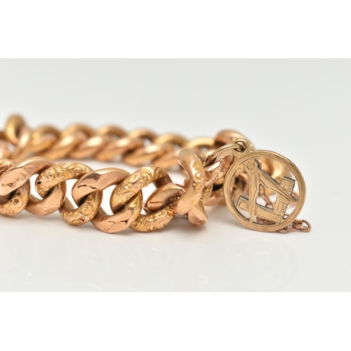 9 - A YELLOW METAL CURB LINK BRACELET, hollow links alternating between floral patterned and plain polis... 