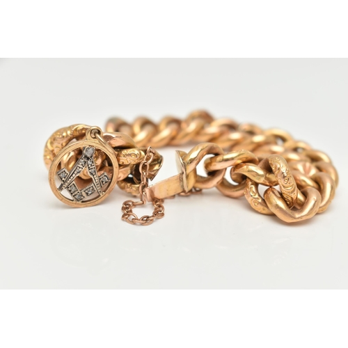 9 - A YELLOW METAL CURB LINK BRACELET, hollow links alternating between floral patterned and plain polis... 