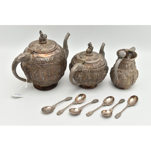 101 - A LATE 19TH CENTURY INDIAN TEA SET, to include a tea pot, water pot, milk jug and six spoons, all wi... 