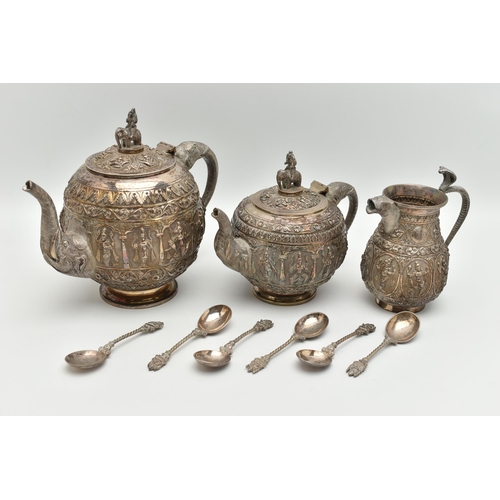 101 - A LATE 19TH CENTURY INDIAN TEA SET, to include a tea pot, water pot, milk jug and six spoons, all wi... 