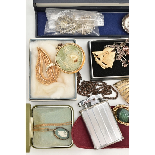 104 - A BOX OF ASSORTED JEWELLERY, to include a white metal open work, oval locket, stamped 925, fitted wi... 