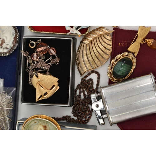 104 - A BOX OF ASSORTED JEWELLERY, to include a white metal open work, oval locket, stamped 925, fitted wi... 