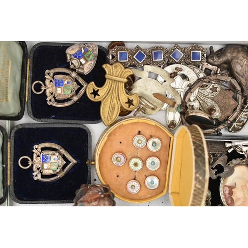 105 - A SELECTION OF SILVER AND WHITE METAL JEWELLERY AND ITEMS, to include three silver and enamel fob me... 