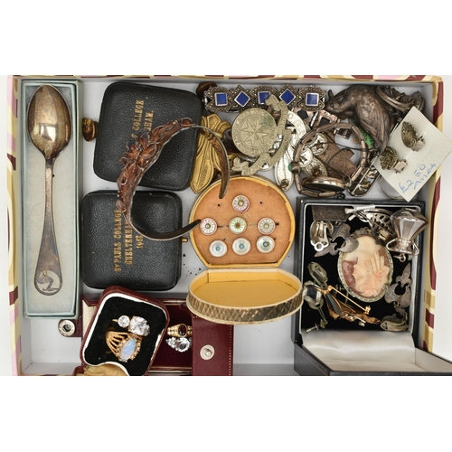 105 - A SELECTION OF SILVER AND WHITE METAL JEWELLERY AND ITEMS, to include three silver and enamel fob me... 