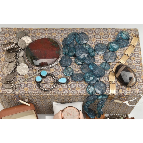 106 - ASSORTED JEWELLERY AND A BOX, to include a silver curb link bracelet, each link stamped with a sterl... 