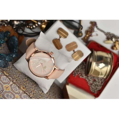 106 - ASSORTED JEWELLERY AND A BOX, to include a silver curb link bracelet, each link stamped with a sterl... 