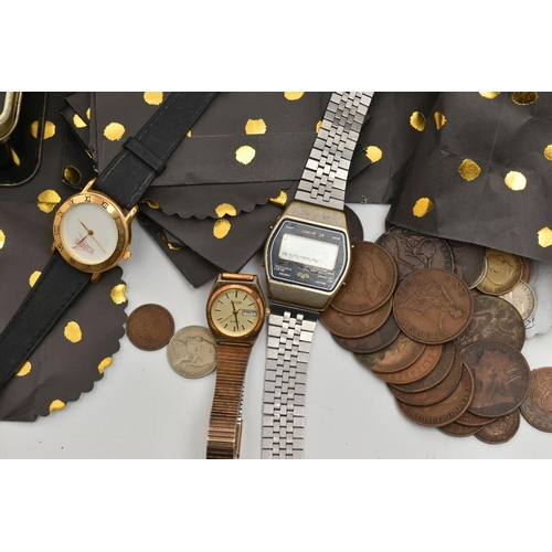 108 - A BAG OF ASSORTED WATCHES, JEWELLERY AND COINS, a selection of ladies and gents watches, names to in... 