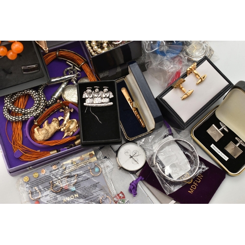 109 - A BOX OF COSTUME JEWELLERY AND ITEMS, to include beaded necklaces, imitation pearl necklaces, four b... 