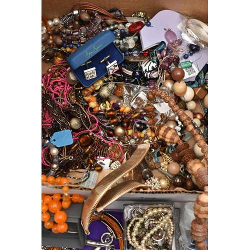 109 - A BOX OF COSTUME JEWELLERY AND ITEMS, to include beaded necklaces, imitation pearl necklaces, four b... 