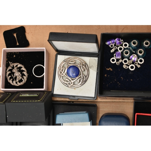 110 - A BOX OF ASSORTED SILVER AND WHITE METAL JEWELLERY, to include a silver plaited bracelet, hallmarked... 