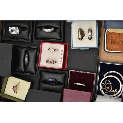 110 - A BOX OF ASSORTED SILVER AND WHITE METAL JEWELLERY, to include a silver plaited bracelet, hallmarked... 