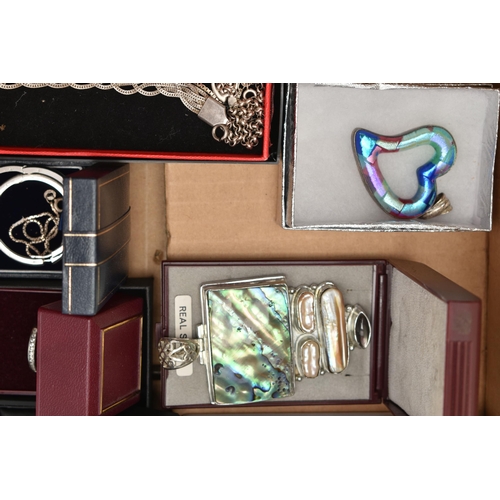 110 - A BOX OF ASSORTED SILVER AND WHITE METAL JEWELLERY, to include a silver plaited bracelet, hallmarked... 