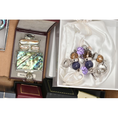 110 - A BOX OF ASSORTED SILVER AND WHITE METAL JEWELLERY, to include a silver plaited bracelet, hallmarked... 