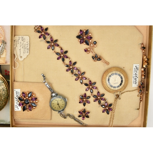 111 - A BOX OF ASSORTED COSTUME JEWELLERY AND WATCHES, to include a boxed suite of 'Roslyn' costume jewell... 