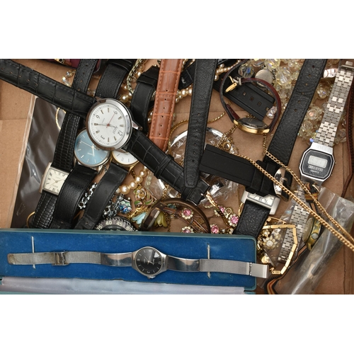 111 - A BOX OF ASSORTED COSTUME JEWELLERY AND WATCHES, to include a boxed suite of 'Roslyn' costume jewell... 