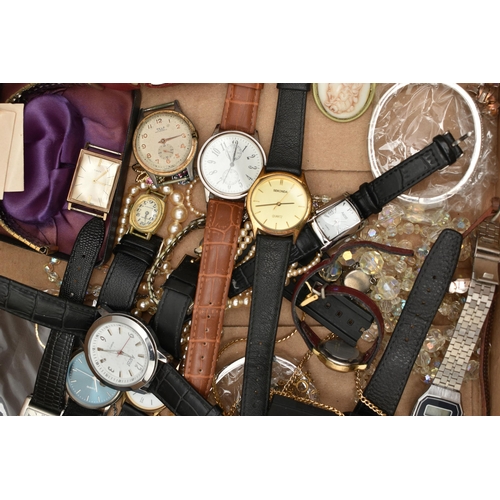 111 - A BOX OF ASSORTED COSTUME JEWELLERY AND WATCHES, to include a boxed suite of 'Roslyn' costume jewell... 