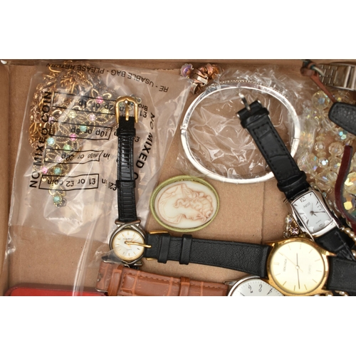 111 - A BOX OF ASSORTED COSTUME JEWELLERY AND WATCHES, to include a boxed suite of 'Roslyn' costume jewell... 