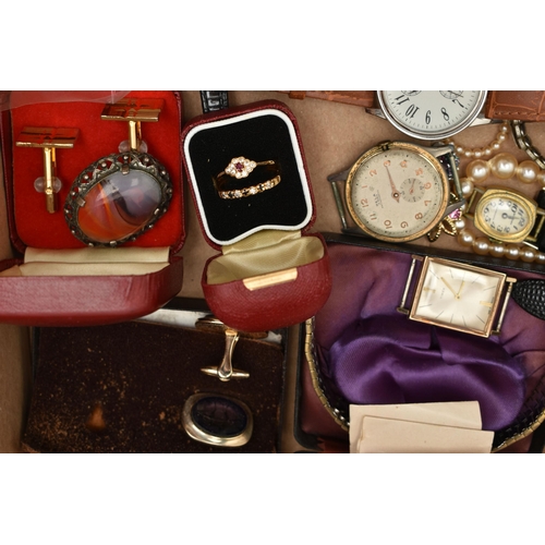 111 - A BOX OF ASSORTED COSTUME JEWELLERY AND WATCHES, to include a boxed suite of 'Roslyn' costume jewell... 