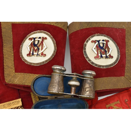 112 - A BOX OF ASSORTED MASONIC ITEMS, to include an apron, a sash and a pair of gauntlets, also including... 