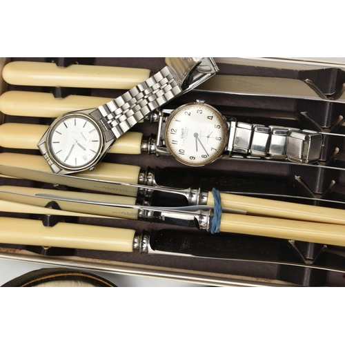 113 - A BOX OF ASSORTED CUTLERY, to include a cased silver plated christening set, a cased set of fish eat... 