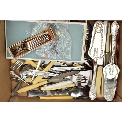 113 - A BOX OF ASSORTED CUTLERY, to include a cased silver plated christening set, a cased set of fish eat... 