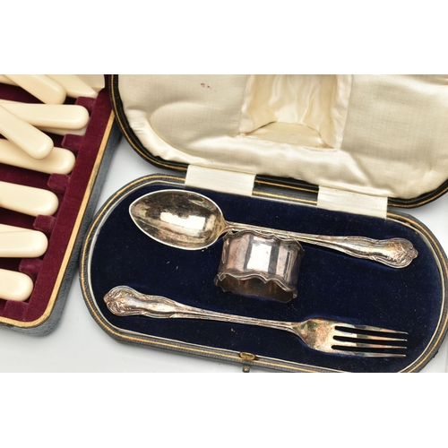 113 - A BOX OF ASSORTED CUTLERY, to include a cased silver plated christening set, a cased set of fish eat... 