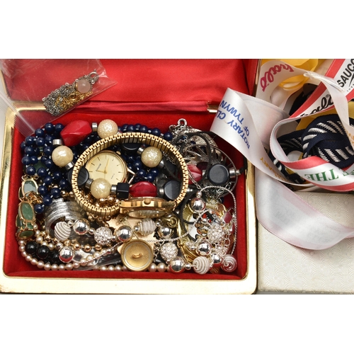 115 - A BOX OF ASSORTED COSTUME JEWELLERY AND ITEMS, to include a light blue jewellery box with costume be... 