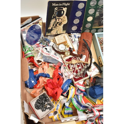 115 - A BOX OF ASSORTED COSTUME JEWELLERY AND ITEMS, to include a light blue jewellery box with costume be... 