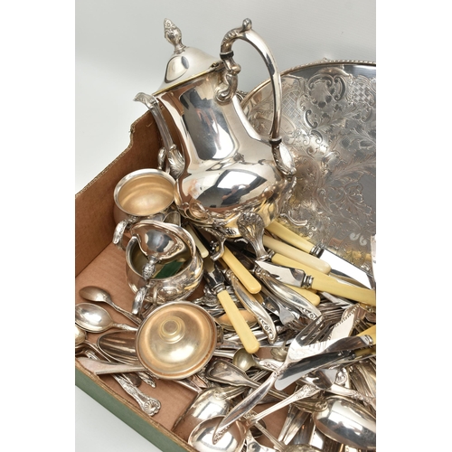 116 - A BOX OF ASSORTED WHITE METAL WARE, to include an EPNS four piece tea service set, basket trays, tra... 