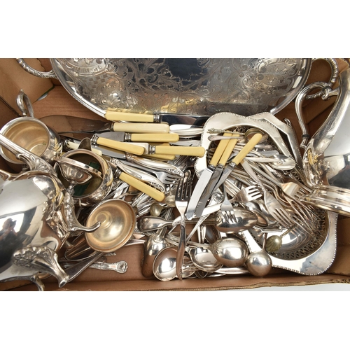 116 - A BOX OF ASSORTED WHITE METAL WARE, to include an EPNS four piece tea service set, basket trays, tra... 