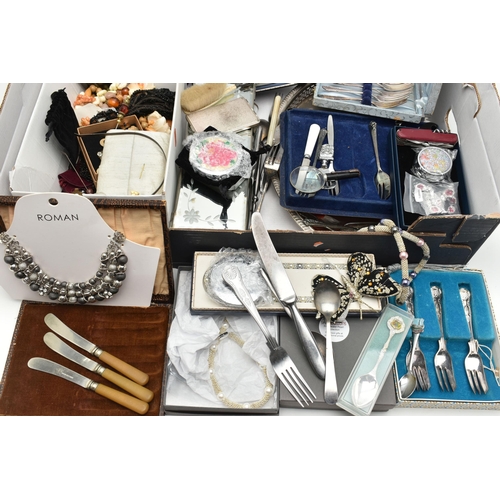 119 - A BOX OF ASSORTED COSTUME JEWELLERY AND CUTLERY, to include a silver handled 'Baby' carved bone hair... 