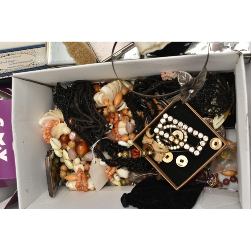 119 - A BOX OF ASSORTED COSTUME JEWELLERY AND CUTLERY, to include a silver handled 'Baby' carved bone hair... 