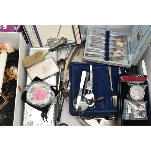 119 - A BOX OF ASSORTED COSTUME JEWELLERY AND CUTLERY, to include a silver handled 'Baby' carved bone hair... 