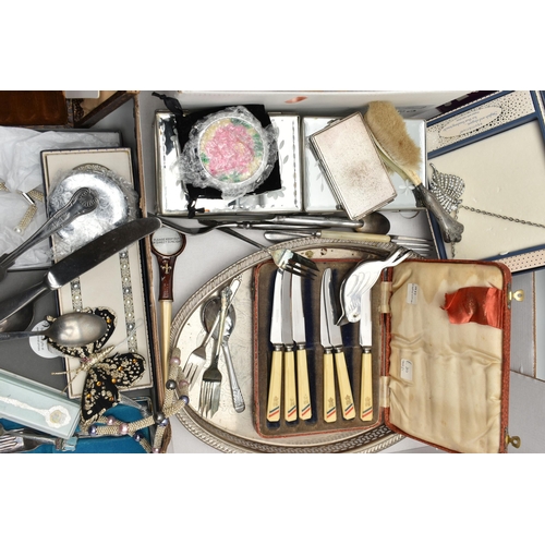 119 - A BOX OF ASSORTED COSTUME JEWELLERY AND CUTLERY, to include a silver handled 'Baby' carved bone hair... 