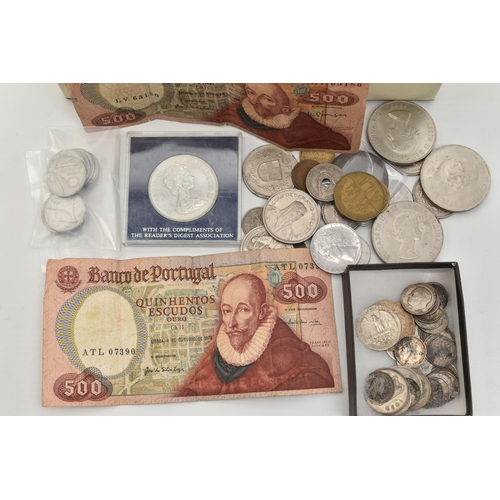 121 - A SMALL BOX CONTAINING MIXED WORLD COINS SOME PORTUGESE, to include amounts of Silver coins