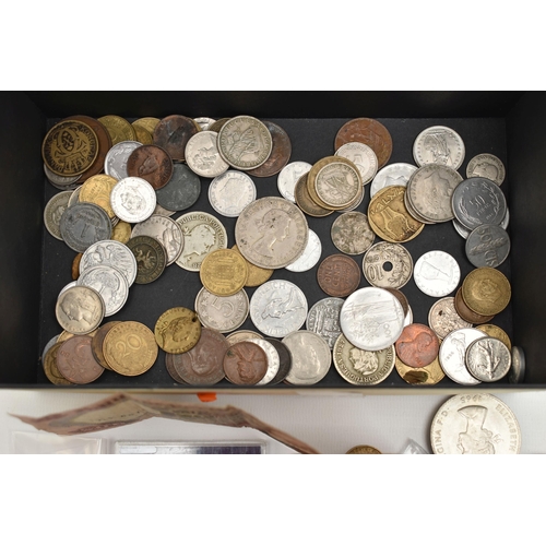 121 - A SMALL BOX CONTAINING MIXED WORLD COINS SOME PORTUGESE, to include amounts of Silver coins