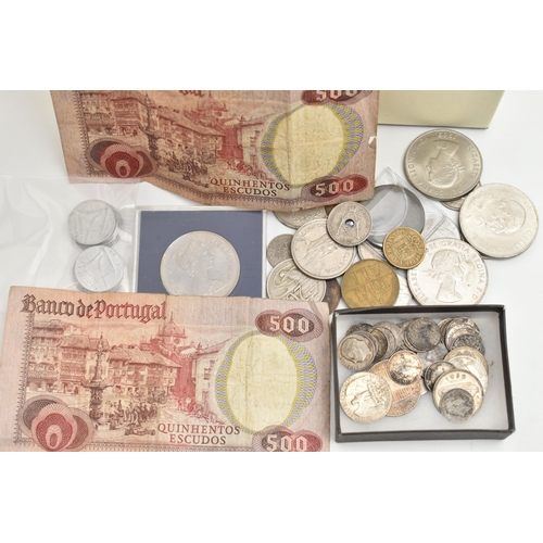 121 - A SMALL BOX CONTAINING MIXED WORLD COINS SOME PORTUGESE, to include amounts of Silver coins