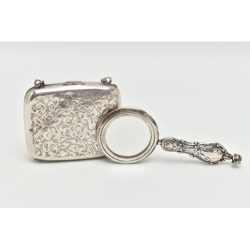 92 - A SILVER PURSE AND SMALL MIRROR, floral and foliate detailed purse with vacant cartouche, fitted wit... 