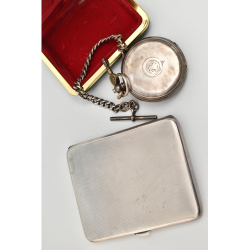 96 - A SILVER OPEN FACE POCKET WATCH WITH ALBERT CHAIN AND A CIGARETTE CASE, key wound movement, round wh... 