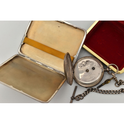 96 - A SILVER OPEN FACE POCKET WATCH WITH ALBERT CHAIN AND A CIGARETTE CASE, key wound movement, round wh... 