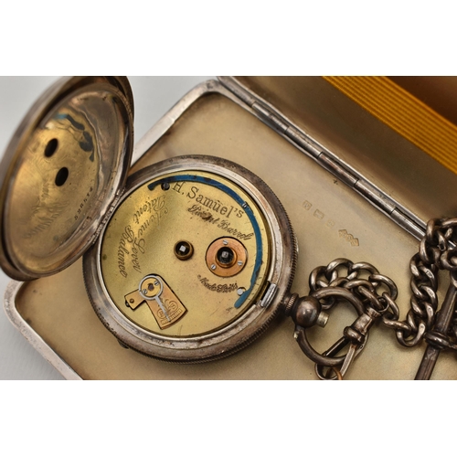 96 - A SILVER OPEN FACE POCKET WATCH WITH ALBERT CHAIN AND A CIGARETTE CASE, key wound movement, round wh... 